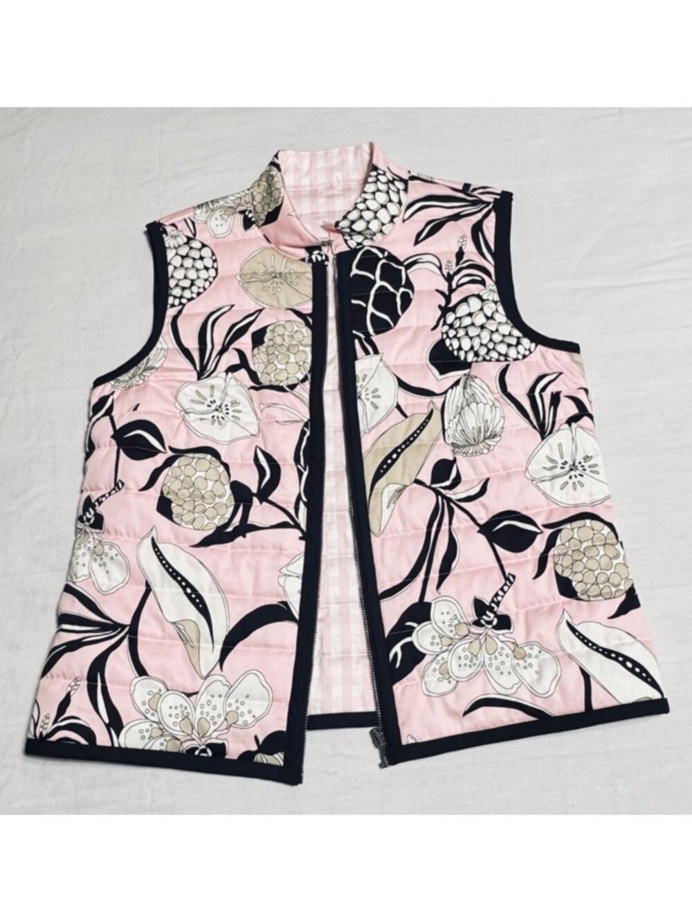 Vintage Carlisle Pink Black Khaki Floral Flower Print Quilted Vest 12 Large L